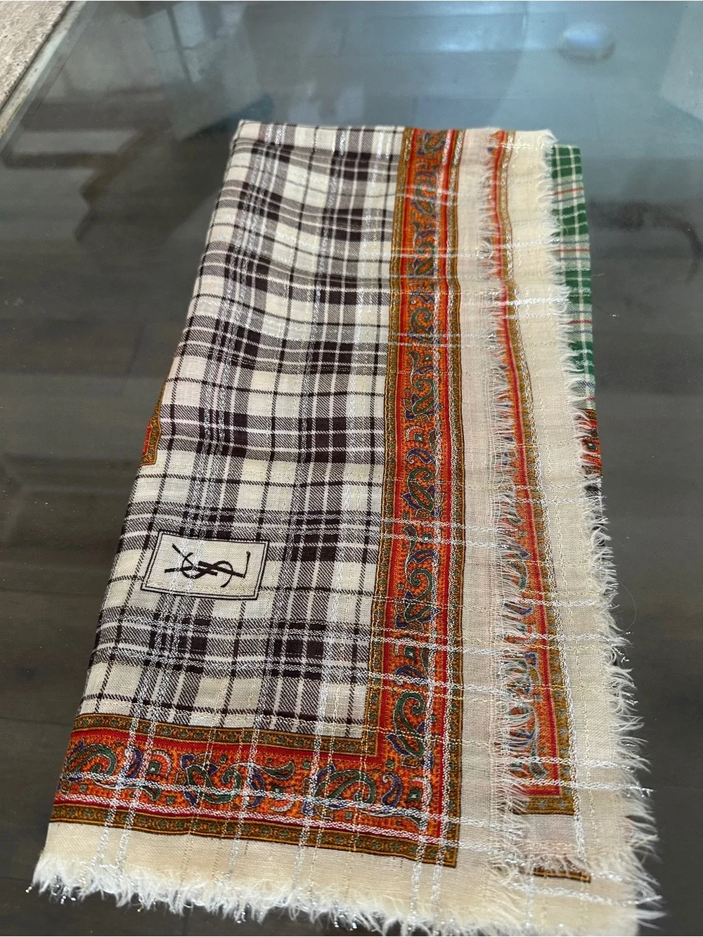 Yves Saint Laurent Cream, Black & Orange Plaid Paisley Fringe Scarf